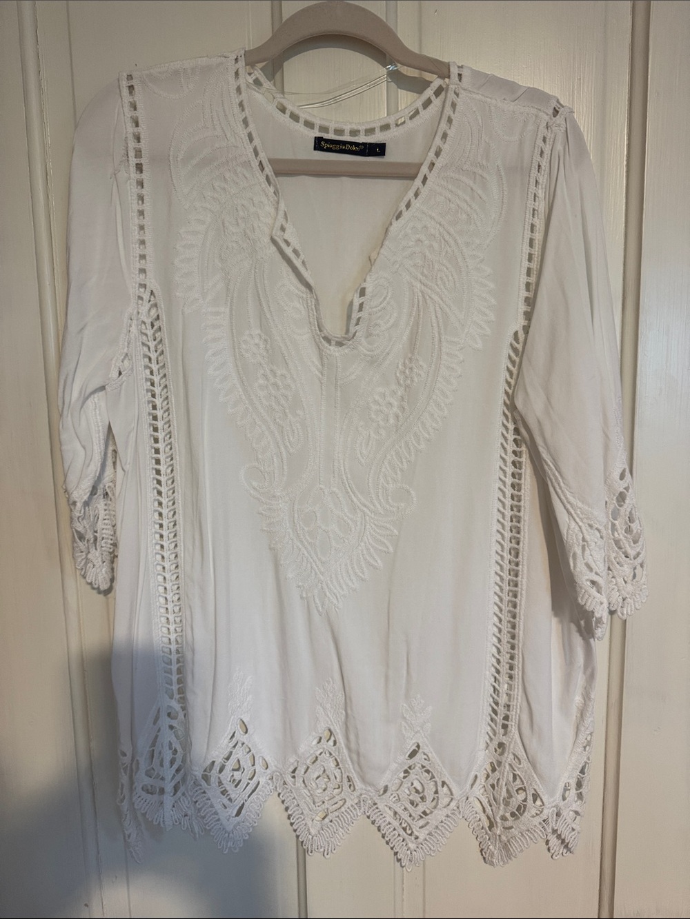 Embroidered White Boho V-Neck Blouse with crochet trim